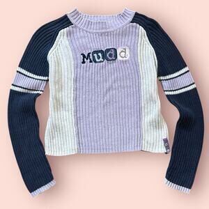 Mudd Jeans Y2K Logo Crop Turtleneck Pullover Sweater Ribbed Purple Stripe Medium